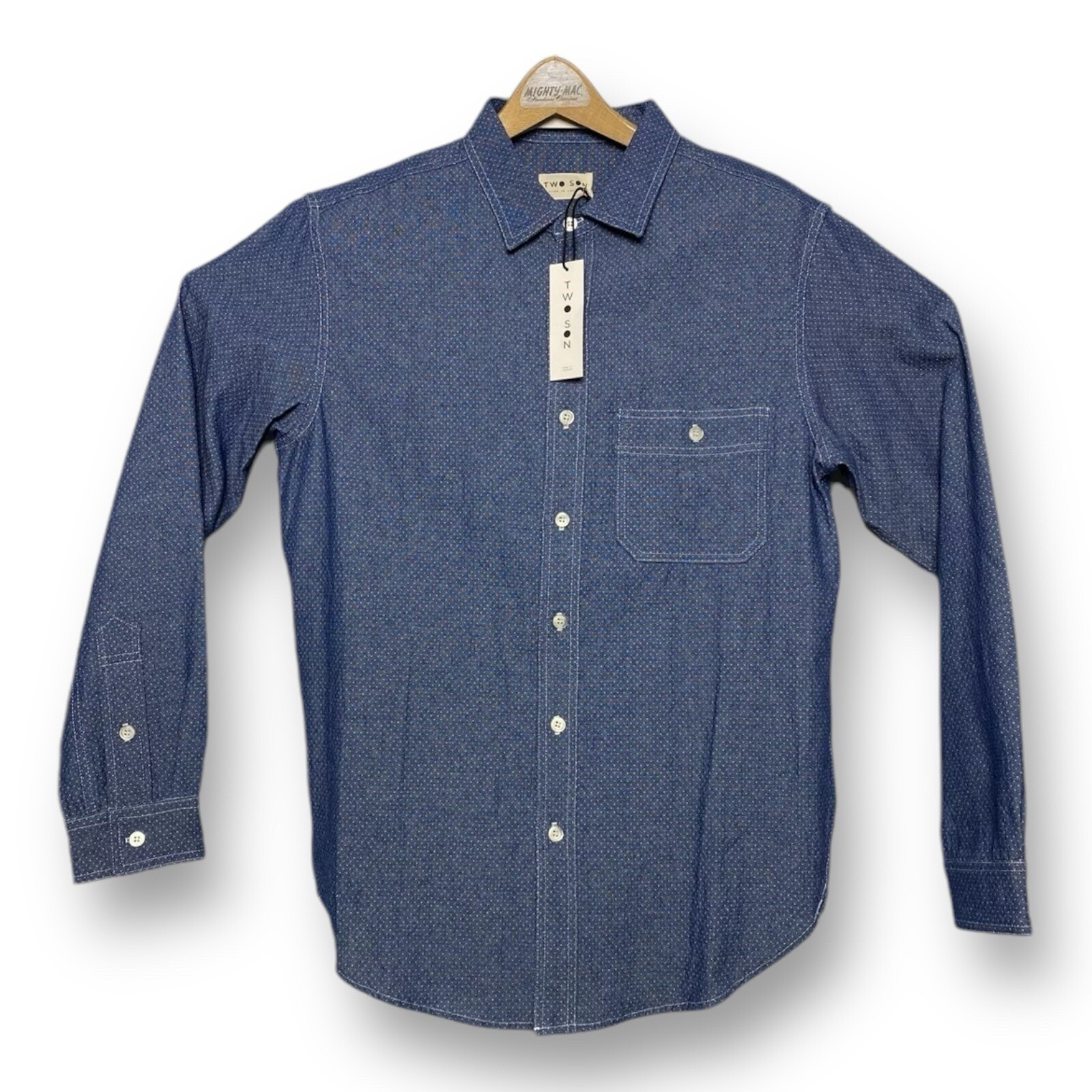 Nwt Two Son Mens Blue Denim White Speckled L/S Cotton Button Down Large L